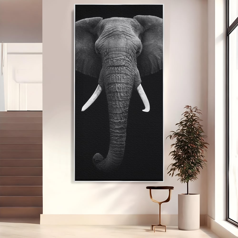 Tablou canvas cu tablou canvas cu cap de elefant, in rama de aluminiu argintiu
